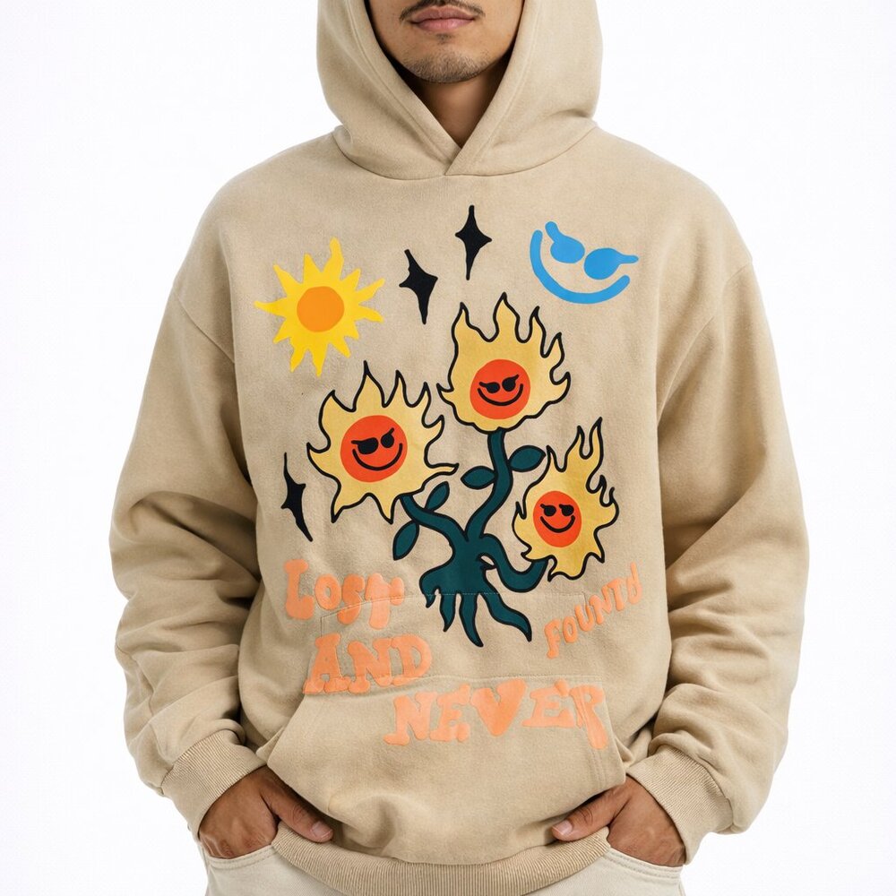 PacSun Hoodie Mens Small Tan Lost and Never Found Graphic Puff Print Sweatshirt